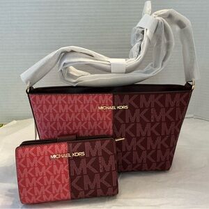 Michael Kors Jet Set Small Two Tone Logo Oxblood Crossbody Purse plus Wallet